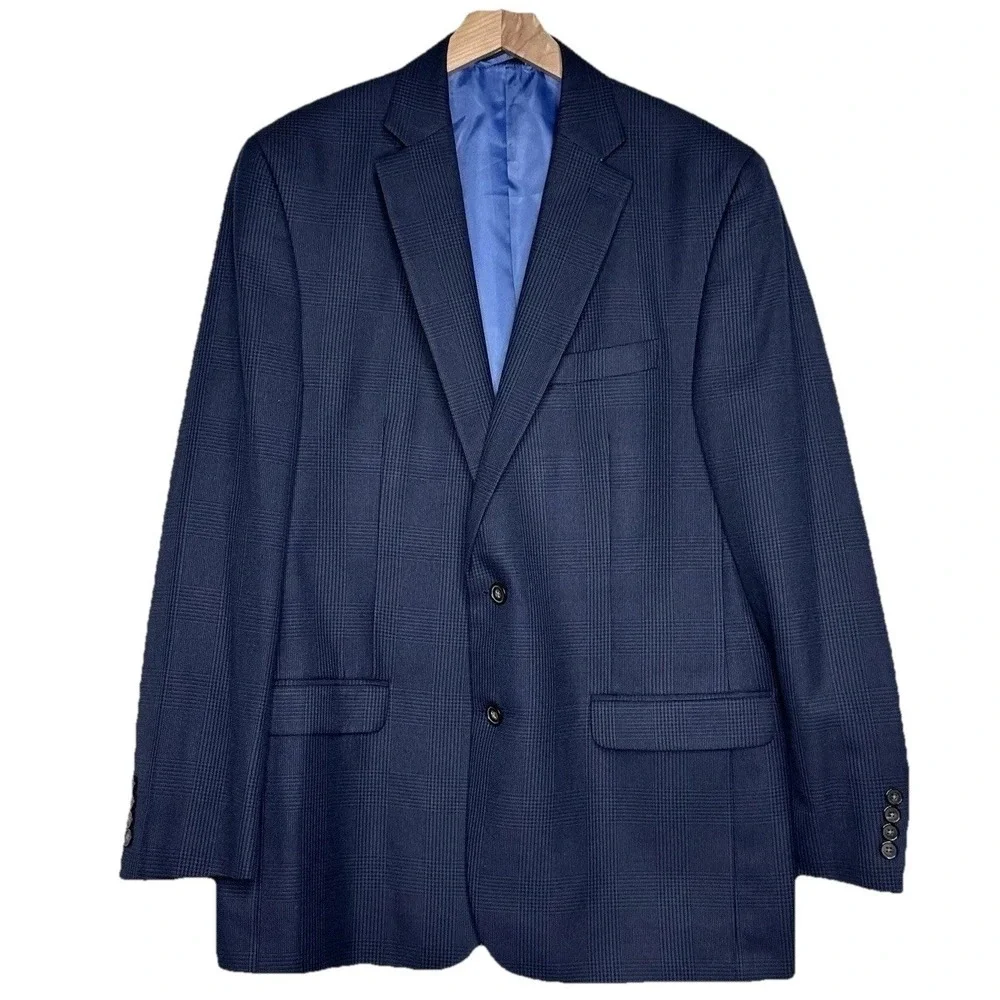 Chaps Men's 44L Two Button Blue Blazer Glen Check Plaid Sport Coat Preppy Office